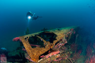 Diver Amidships on the Hogan Wreck / San Diego, California: A diver amidships on the USS Hogan wreck near the US-Mexico Border.